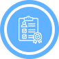 Icon of a clipboard with a person’s profile, a checklist, and a certificate with a checkmark, all within a circular blue background.