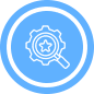 Blue circular icon with a gear, a magnifying glass, and a star at the center, representing quality assurance or search for excellence.